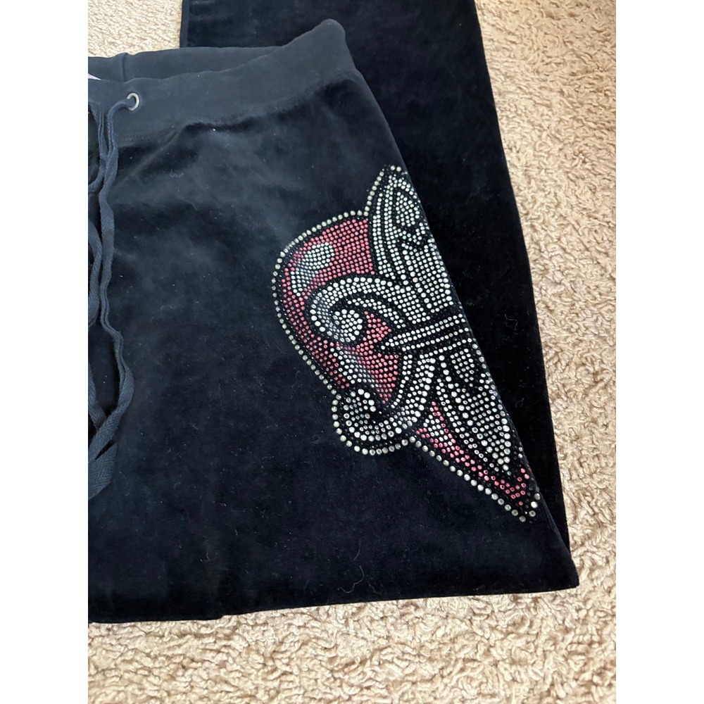 Ankh Royalty Y2K Black Velour Rhinestone Fleur De Lis Track Pants Women Small - Picture 2 of 5